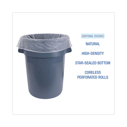 Boardwalk High Density Industrial Can Liners Coreless Rolls, 60 gal, 16 microns, 38 x 60, Natural, 8 Rolls of 25 Bags