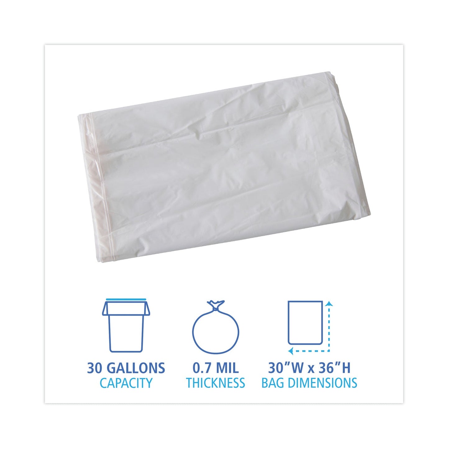 Boardwalk Linear Low Density Industrial Can Liners, 30 gal, 0.7 mil, 30 x 36, White, 200/Carton