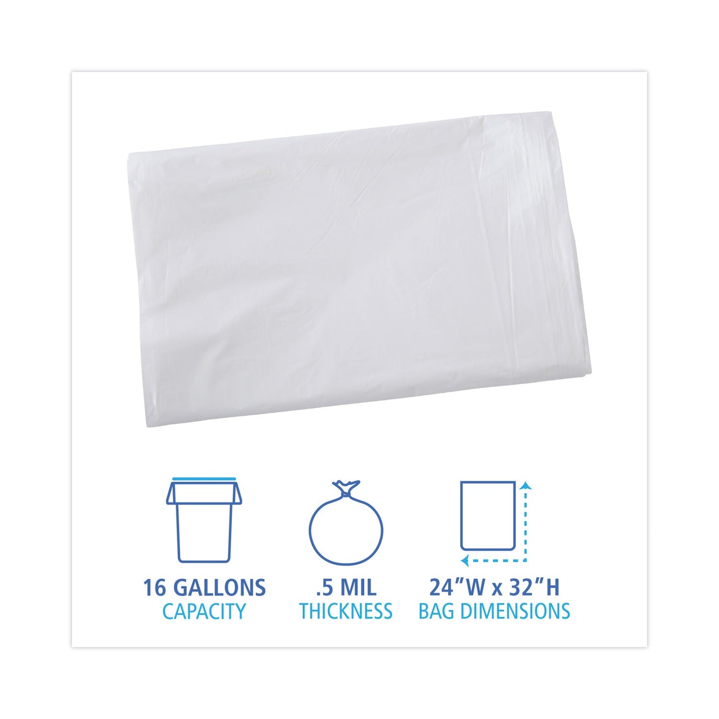 Boardwalk Linear Low Density Industrial Can Liners, 16 gal, 0.5 mil, 24 x 32, White, 500/Carton