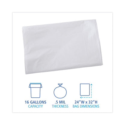Boardwalk Linear Low Density Industrial Can Liners, 16 gal, 0.5 mil, 24 x 32, White, 500/Carton