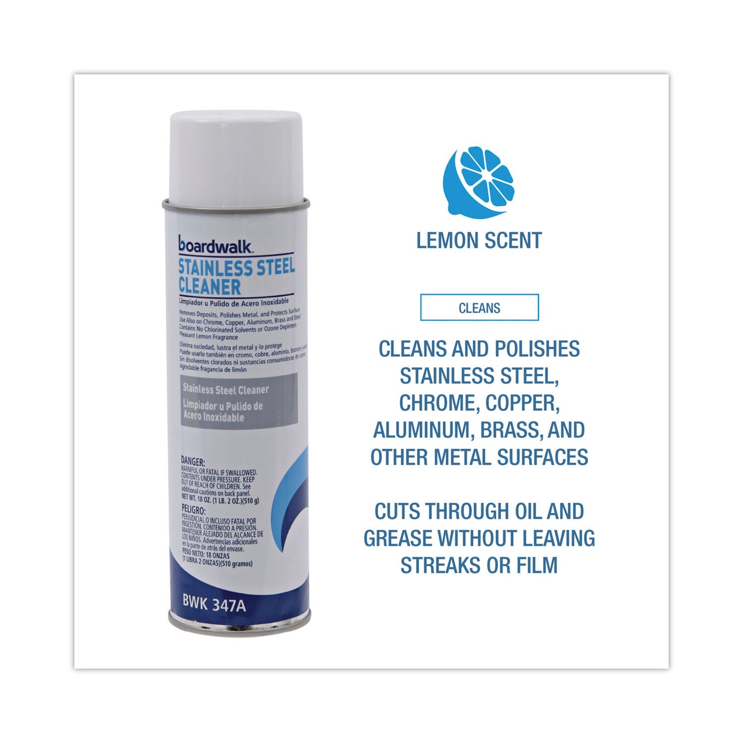 Boardwalk Stainless Steel Cleaner and Polish, Lemon, 18 oz Aerosol Spray