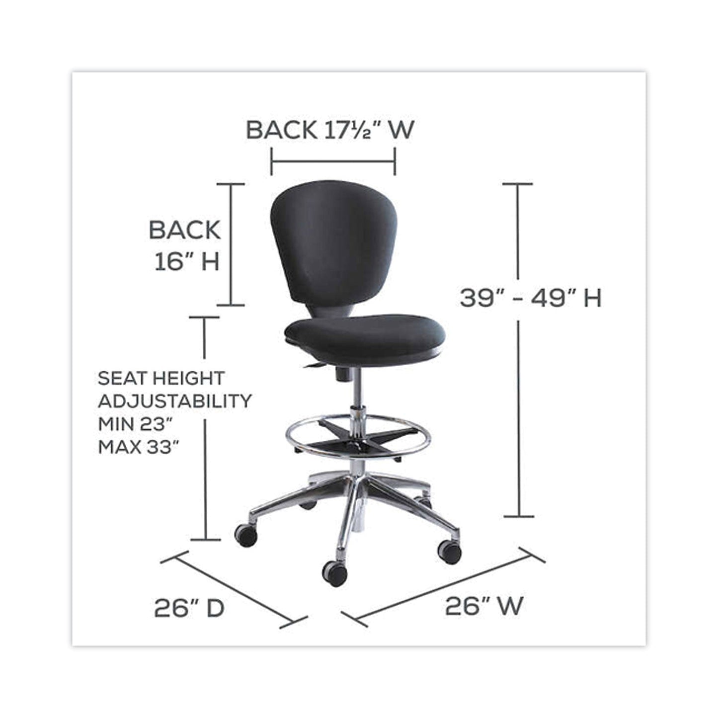 Safco Metro Collection Extended-Height Chair, Supports Up to 250 lb, 23" to 33" Seat Height, Black Seat/Back, Chrome Base