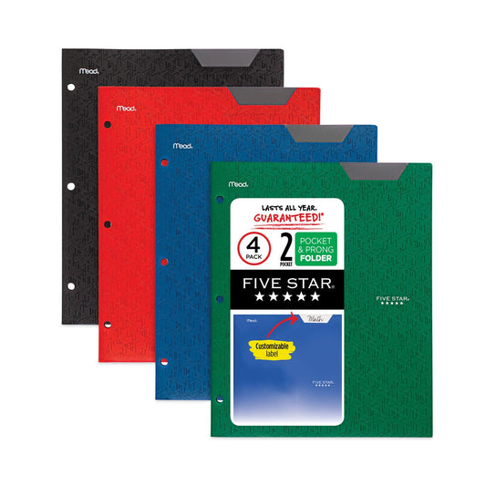 Five Star Two-Pocket Stay-Put Plastic Folder, 11 x 8.5, Assorted, 4/Pack