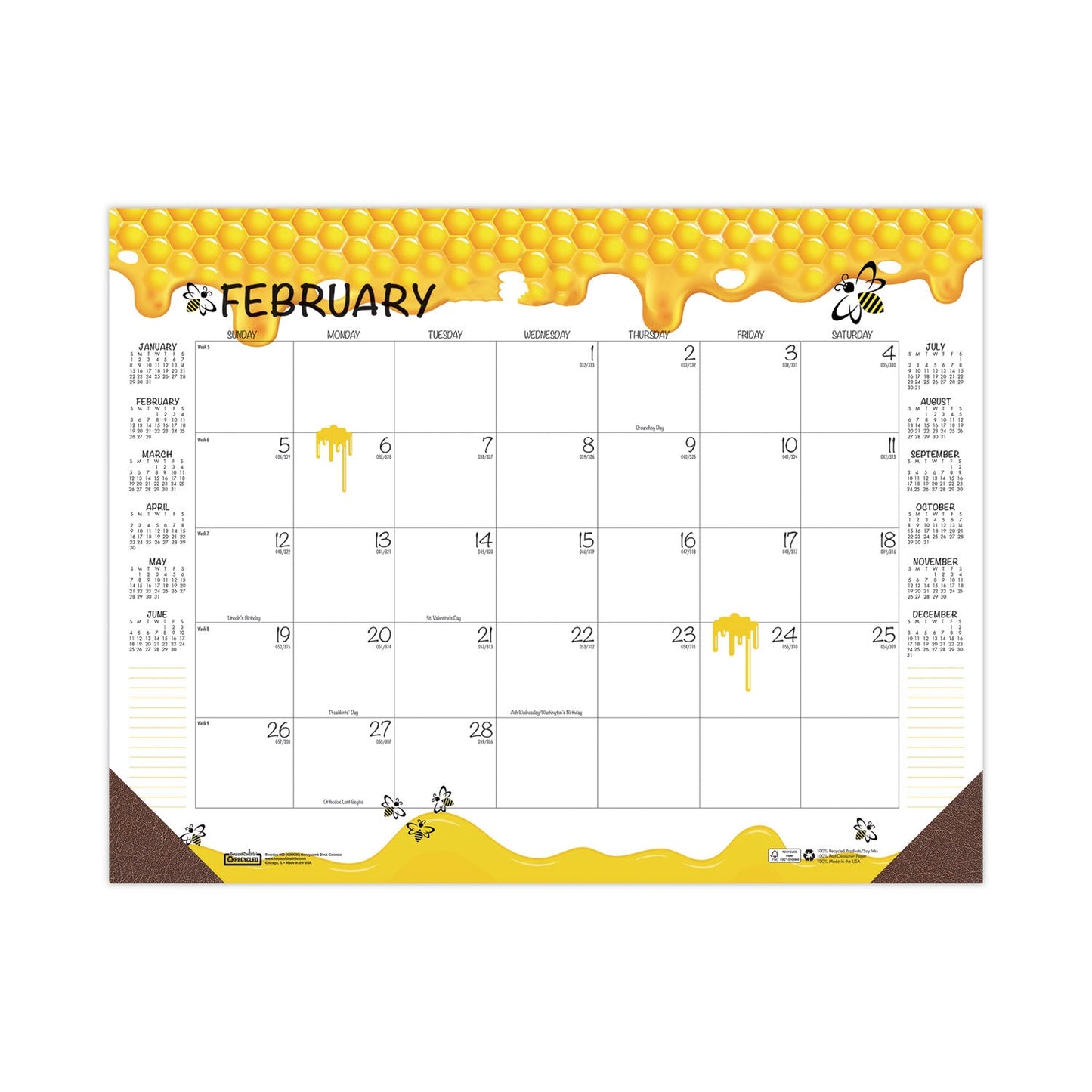 House of Doolittle Recycled Honeycomb Desk Pad Calendar, 18.5 x 13, White/Multicolor Sheets, Brown Corners, 12-Month (Jan to Dec): 2023