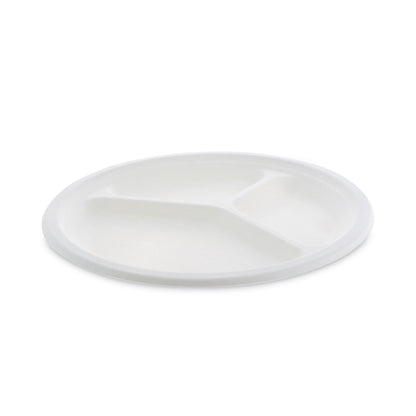 Pactiv Evergreen EarthChoice Compostable Fiber-Blend Bagasse Dinnerware, 3-Compartment Plate, 10" dia, Natural, 500/Carton