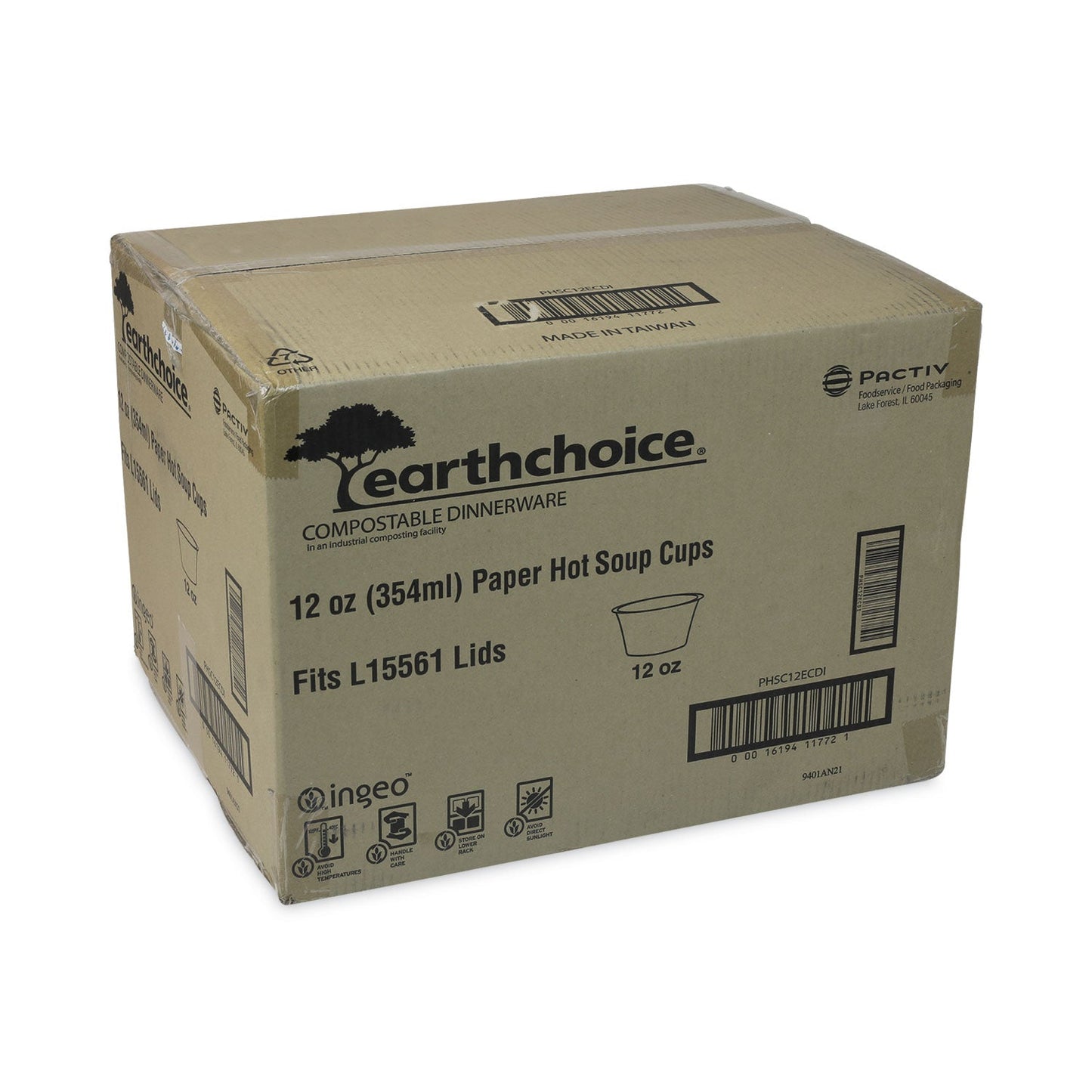 Pactiv Evergreen EarthChoice Compostable Soup Cup, Medium, 12 oz, 3.63" Diameter x 3.63"h, Teal, Paper, 500/Carton
