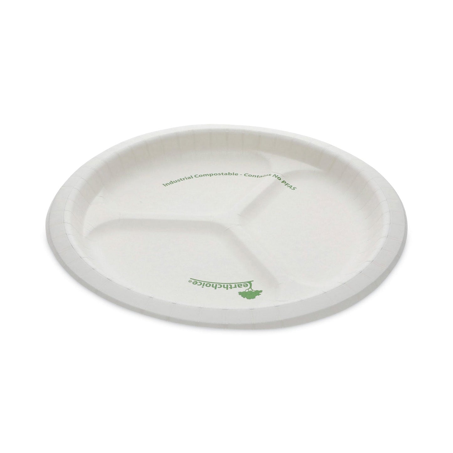 Pactiv Evergreen EarthChoice Pressware Compostable Dinnerware, 3-Compartment Plate, 10" dia, White, 250/Carton