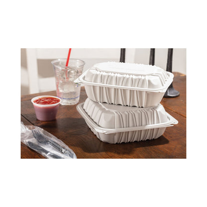 Pactiv Evergreen EarthChoice Vented Microwavable MFPP Hinged Lid Container, 9 x 6 x 2.75, White, Plastic, 170/Carton