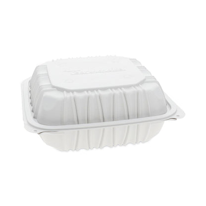 Pactiv Evergreen EarthChoice Vented Microwavable MFPP Hinged Lid Container, 8.5 x 8.5 x 3.1, White, Plastic, 146/Carton