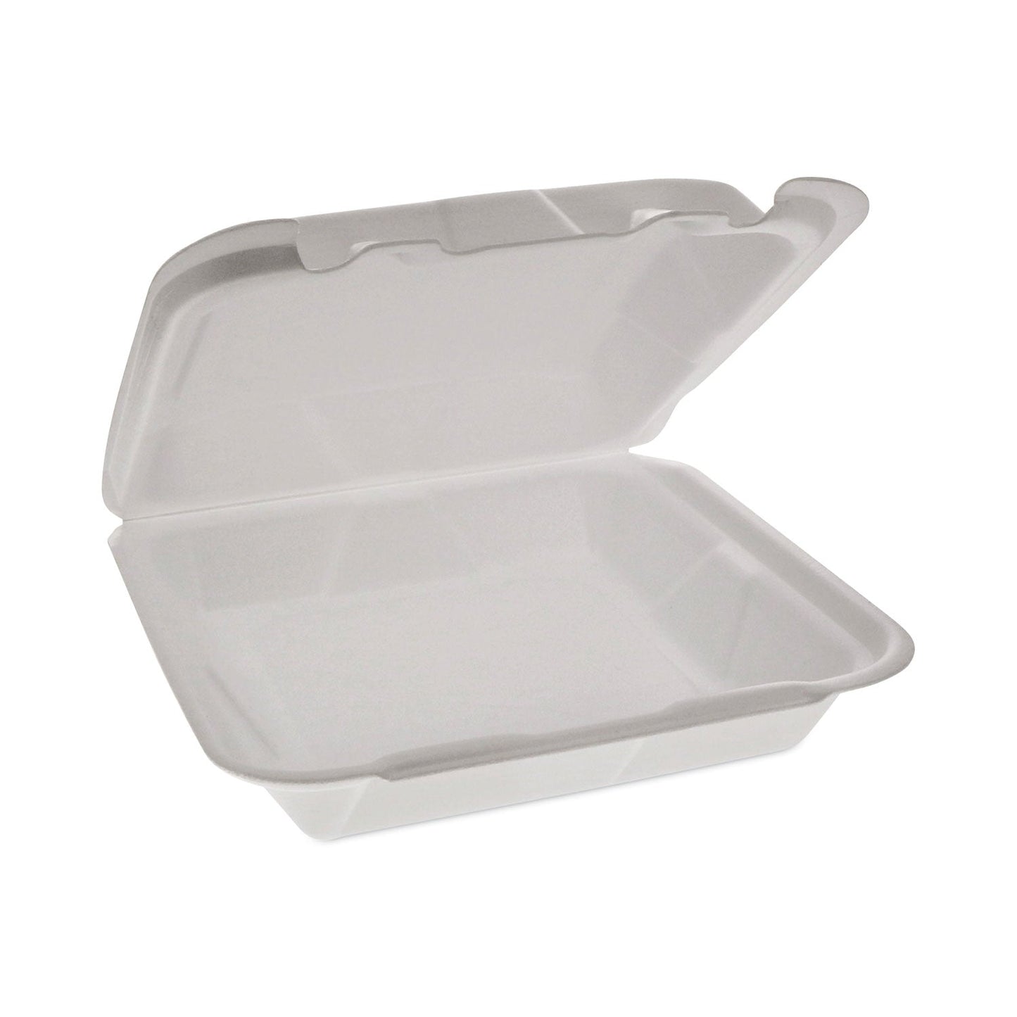 Pactiv Evergreen Foam Hinged Lid Container, Dual Tab Lock Happy Face, 8 x 7.75 x 2.25, White, 200/Carton
