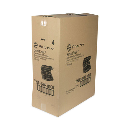 Pactiv Evergreen SmartLock Foam Hinged Lid Container, Large, 3-Compartment, 9 x 9.5 x 3.25, Black, 150/Carton