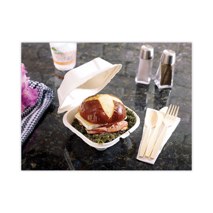 Pactiv Evergreen EarthChoice Bagasse Hinged Lid Container, Single Tab Lock, 6" Sandwich, 5.8 x 5.8 x 3.3, Natural, Sugarcane, 500/Carton