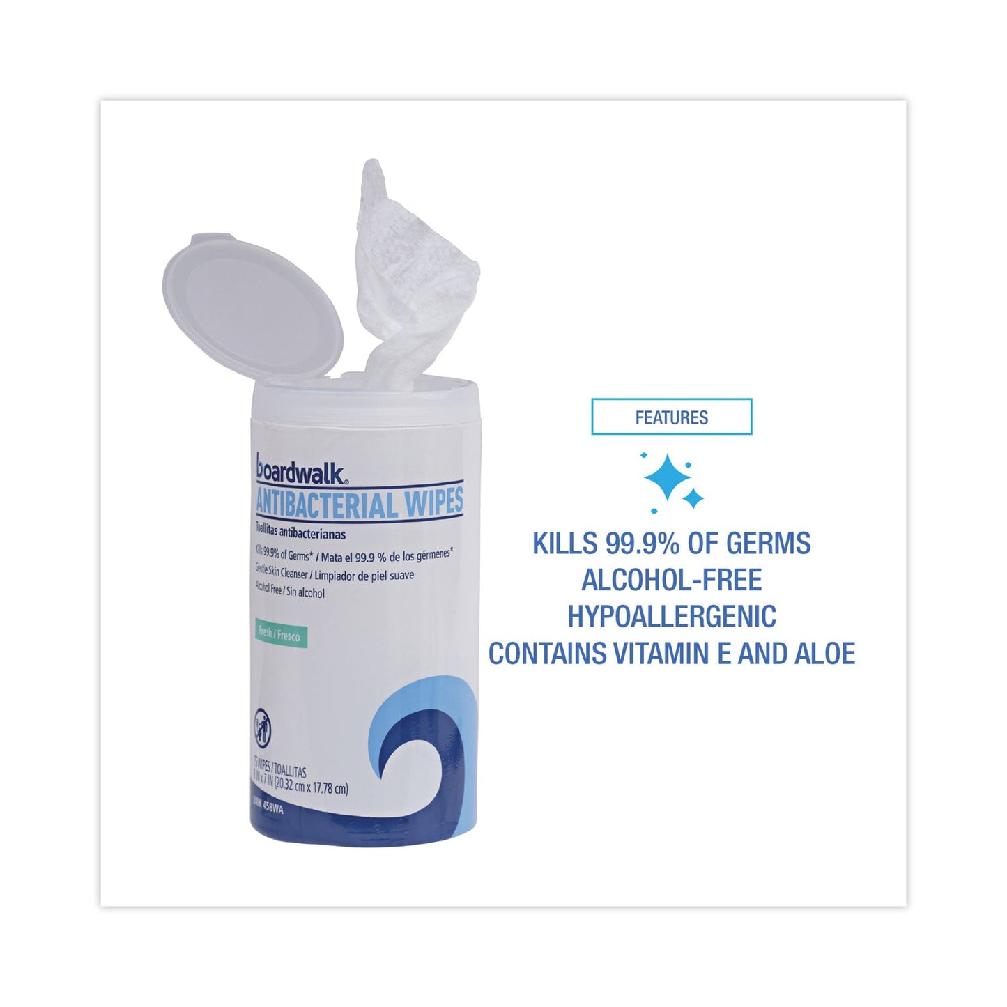 Boardwalk Antibacterial Wipes, 5.4 x 8, Fresh Scent, 75/Canister, 6 Canisters/Carton