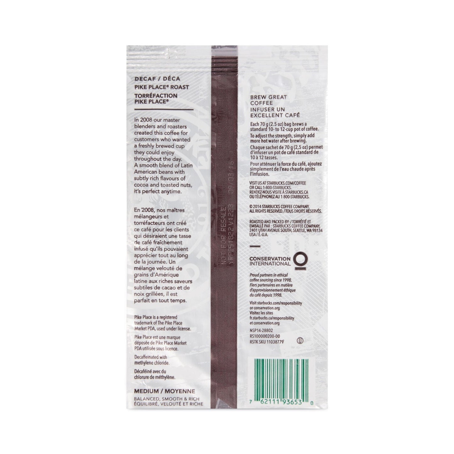 Starbucks Coffee, Pike Place Decaf, 2.7 oz Packet, 72/Carton