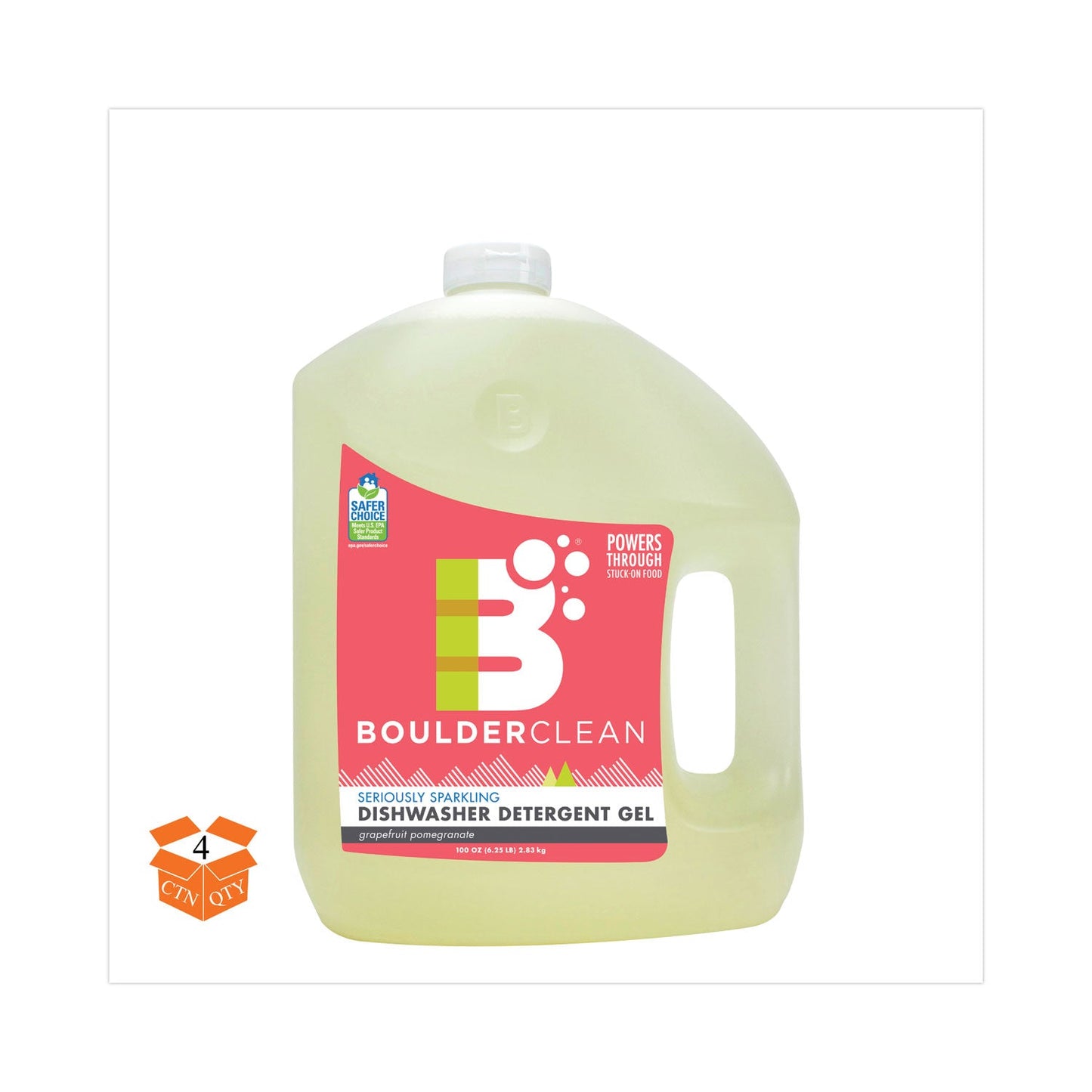 Boulder Clean Dishwasher Detergent, Grapefruit Pomegranate, 100 oz Bottle, 4/Carton