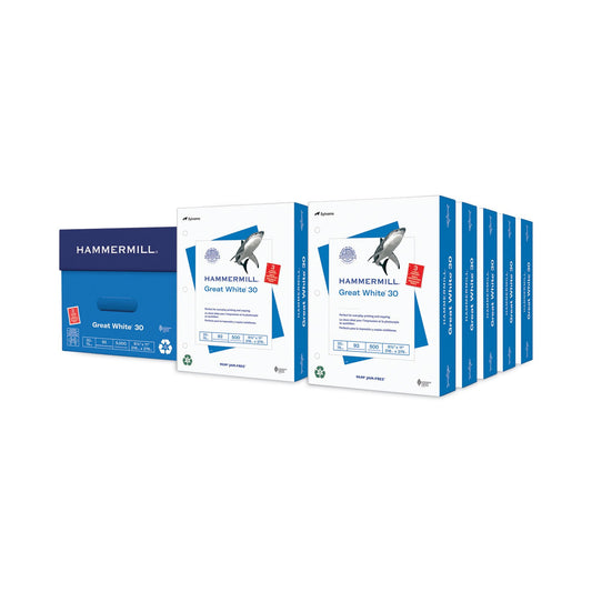 Hammermill Great White 30 Recycled Print Paper, 92 Bright, 3Hole, 20 lb Bond Weight, 8.5 x 11, White, 500 Sheets/Ream, 10 Reams/Carton