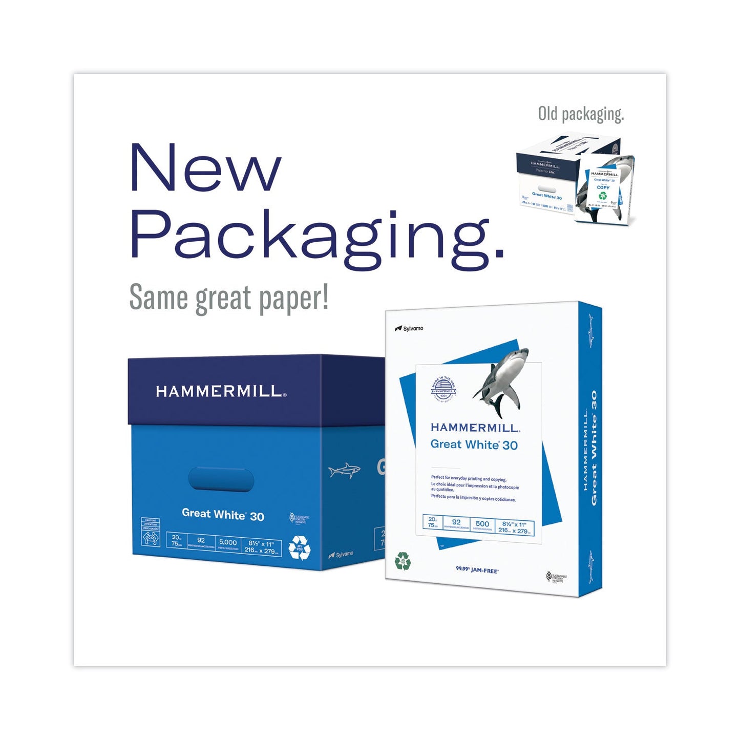 Hammermill Great White 30 Recycled Print Paper, 92 Bright, 20 lb Bond Weight, 8.5 x 11, White, 500/Ream