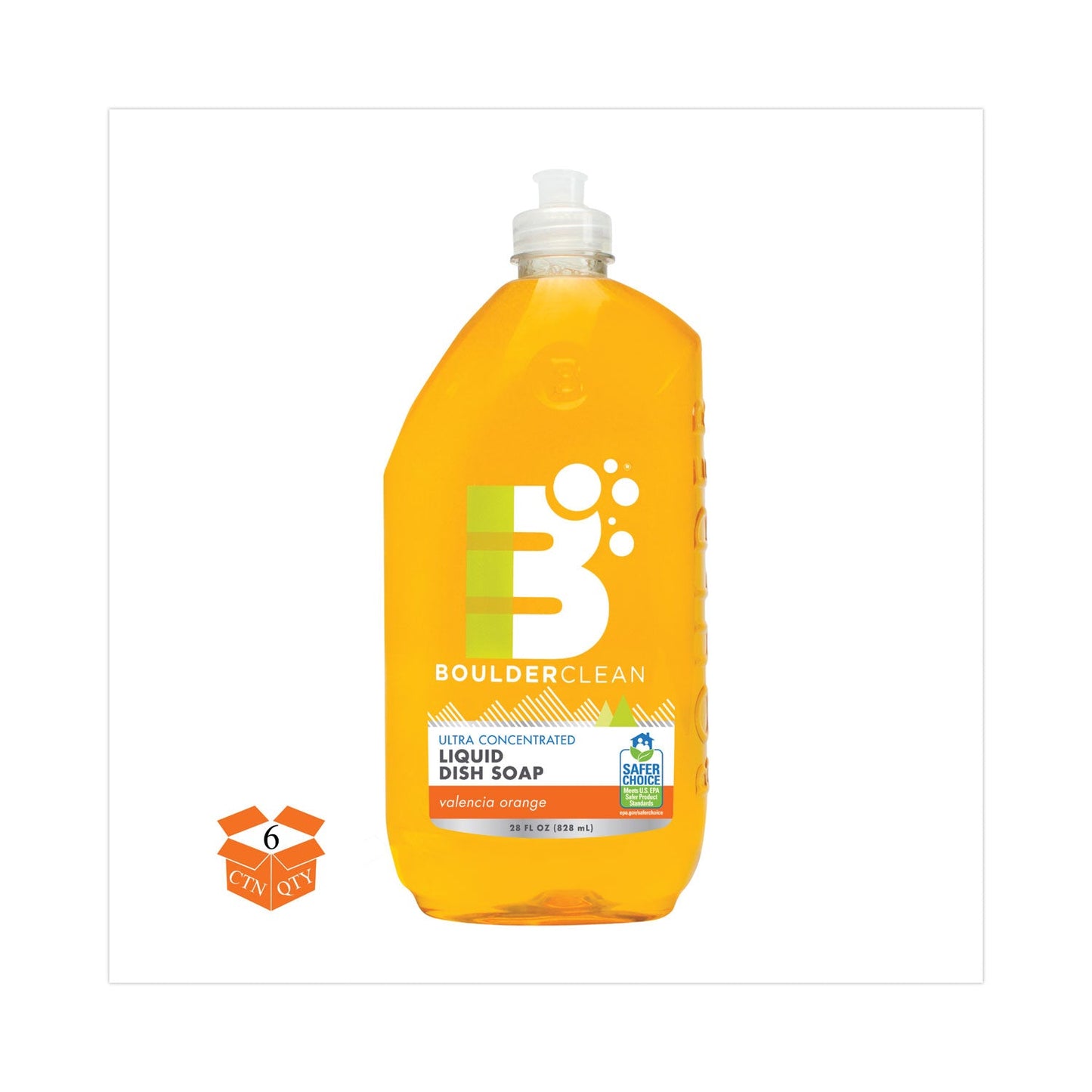 Boulder Clean Liquid Dish Soap, Valencia Orange, 28 oz Bottle, 6/Carton