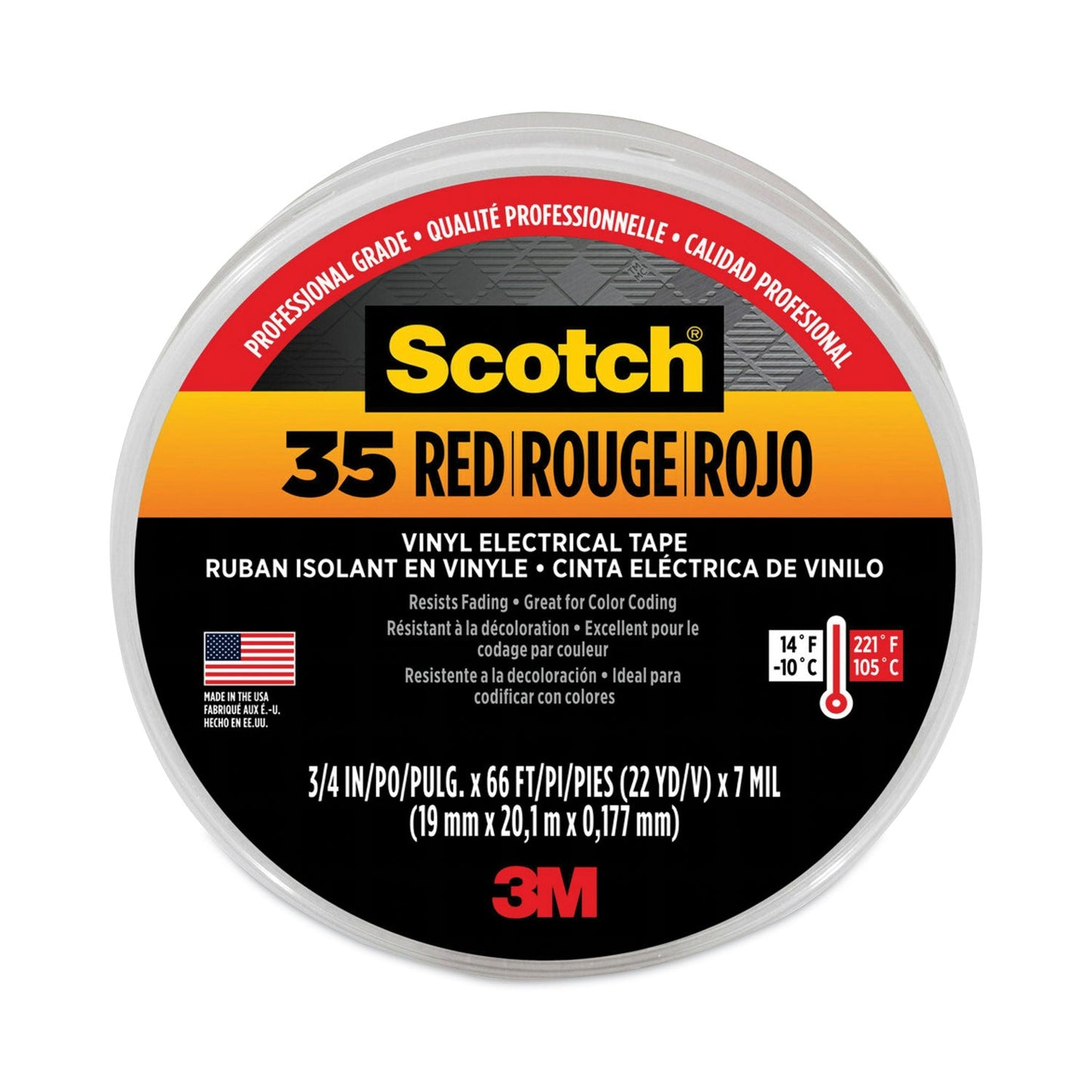 3M Scotch 35 Vinyl Electrical Color Coding Tape, 3" Core, 0.75" x 66 ft, Red
