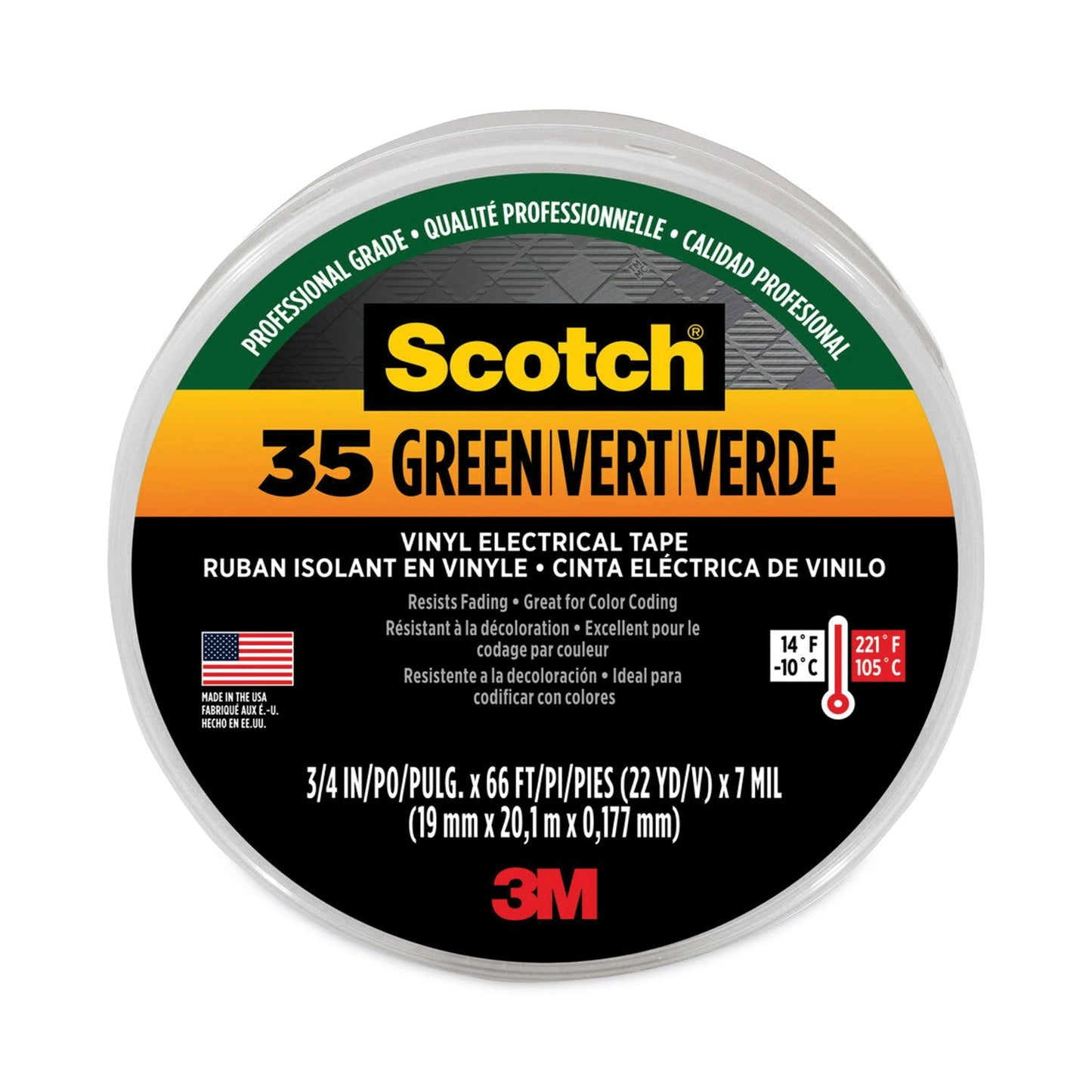 3M Scotch 35 Vinyl Electrical Color Coding Tape, 3" Core, 0.75" x 66 ft, Green