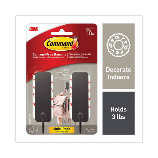 Command Decorative Hooks, Medium, Matte Black, 2 Hook and 4 Strips/Pack
