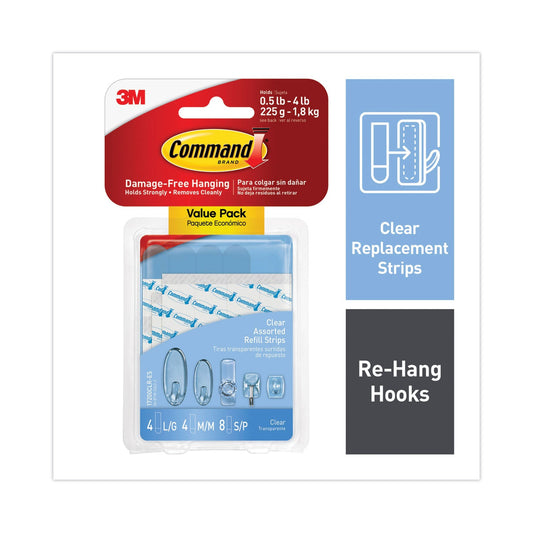 Command Assorted Refill Strips, Removable, (8) Small 0.75 x 1.75, (4) Medium 0.75 x 2.75, (4) Large 0.75 x 3.75, Clear, 16/Pack