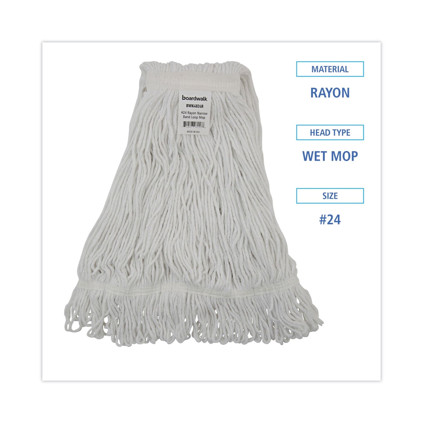 Boardwalk Pro Loop Web/Tailband Wet Mop Head, Rayon, #24 Size, White, 12/Carton