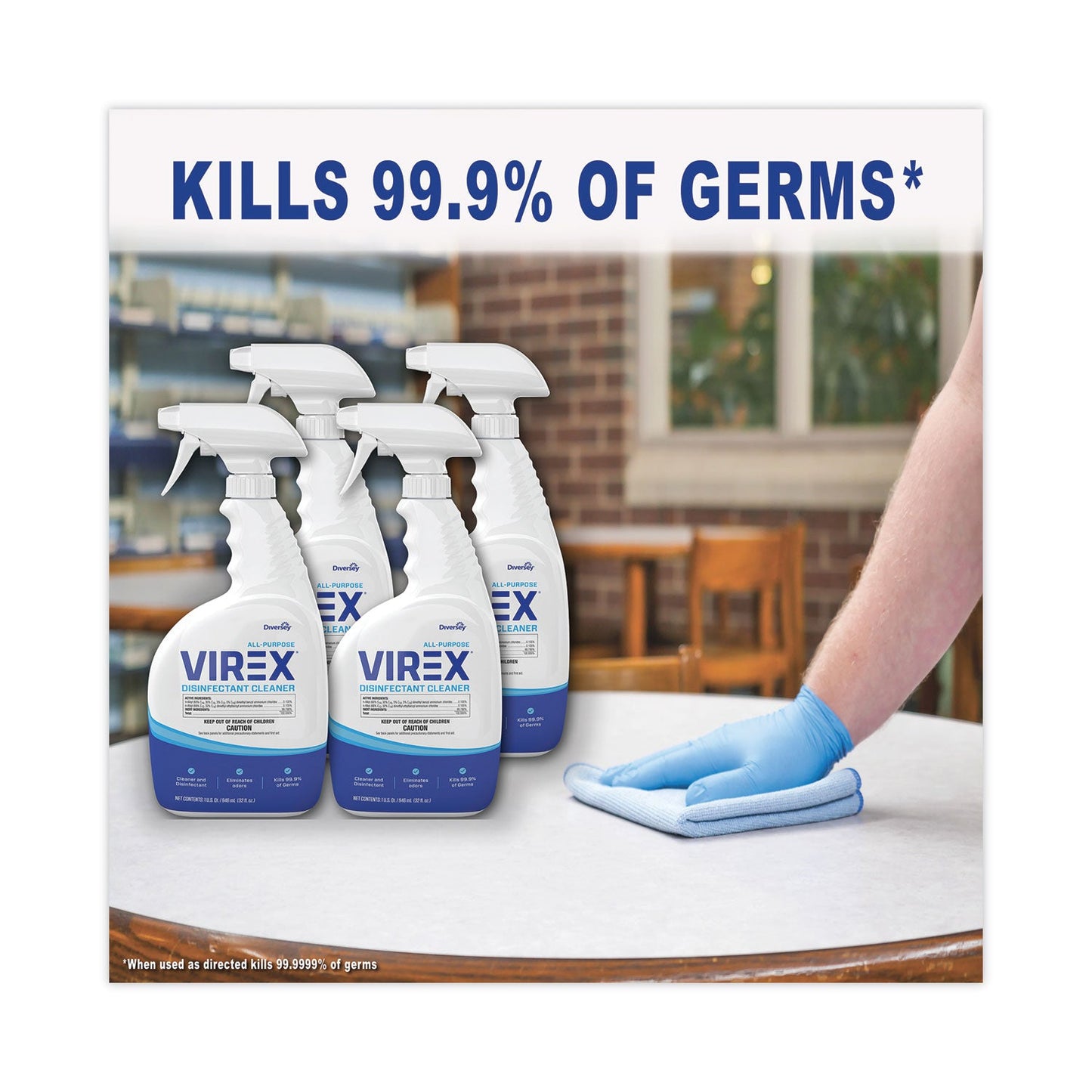 Diversey Virex All-Purpose Disinfectant Cleaner, Lemon Scent, 32 oz Spray Bottle, 4/Carton