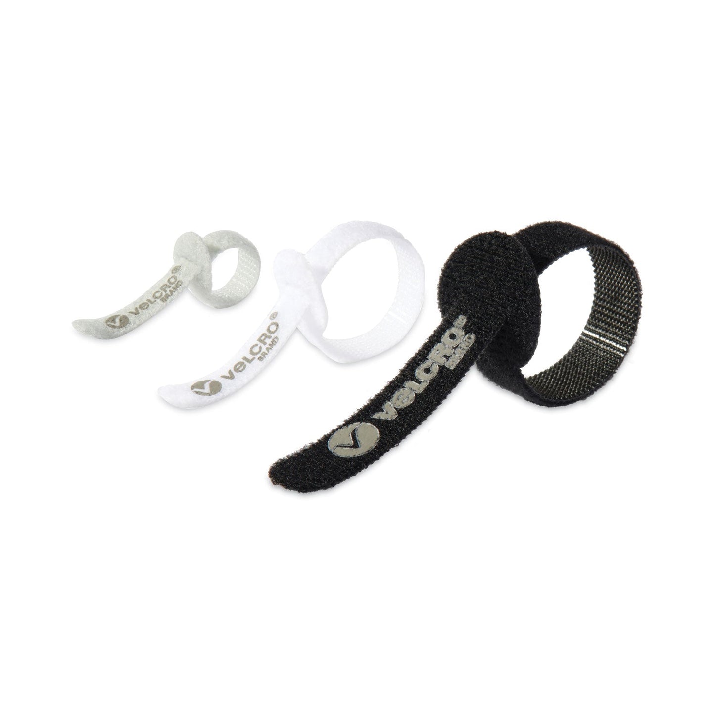VELCRO Portable Cord Ties, (2) 3" x 0.25"/ (2) 5" x 0.38"/ (2) 7" x 0.5", Black/Gray/White, 6/Pack