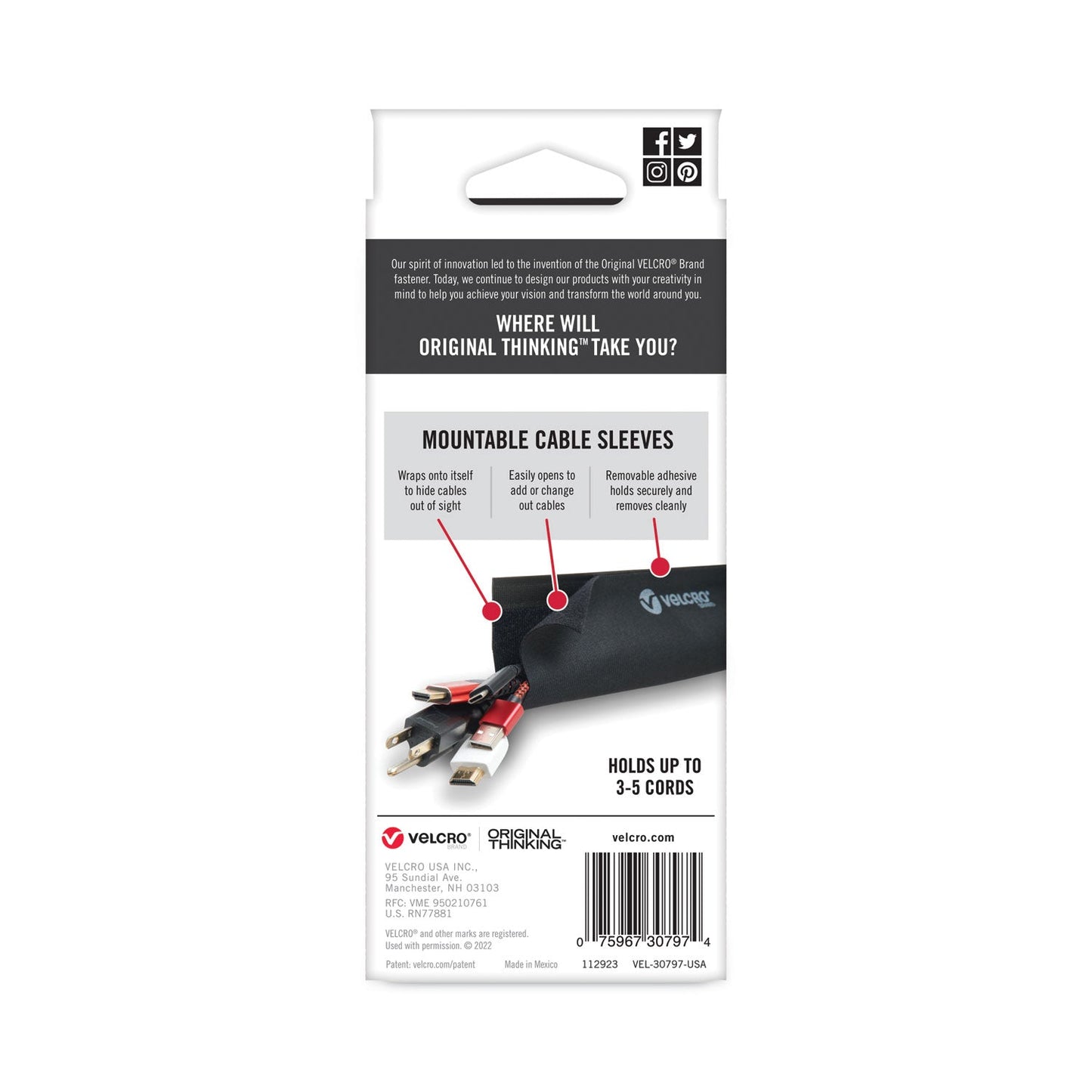 VELCRO Mountable Cable Sleeves, 5.75" X 12", Black, 2/Pack