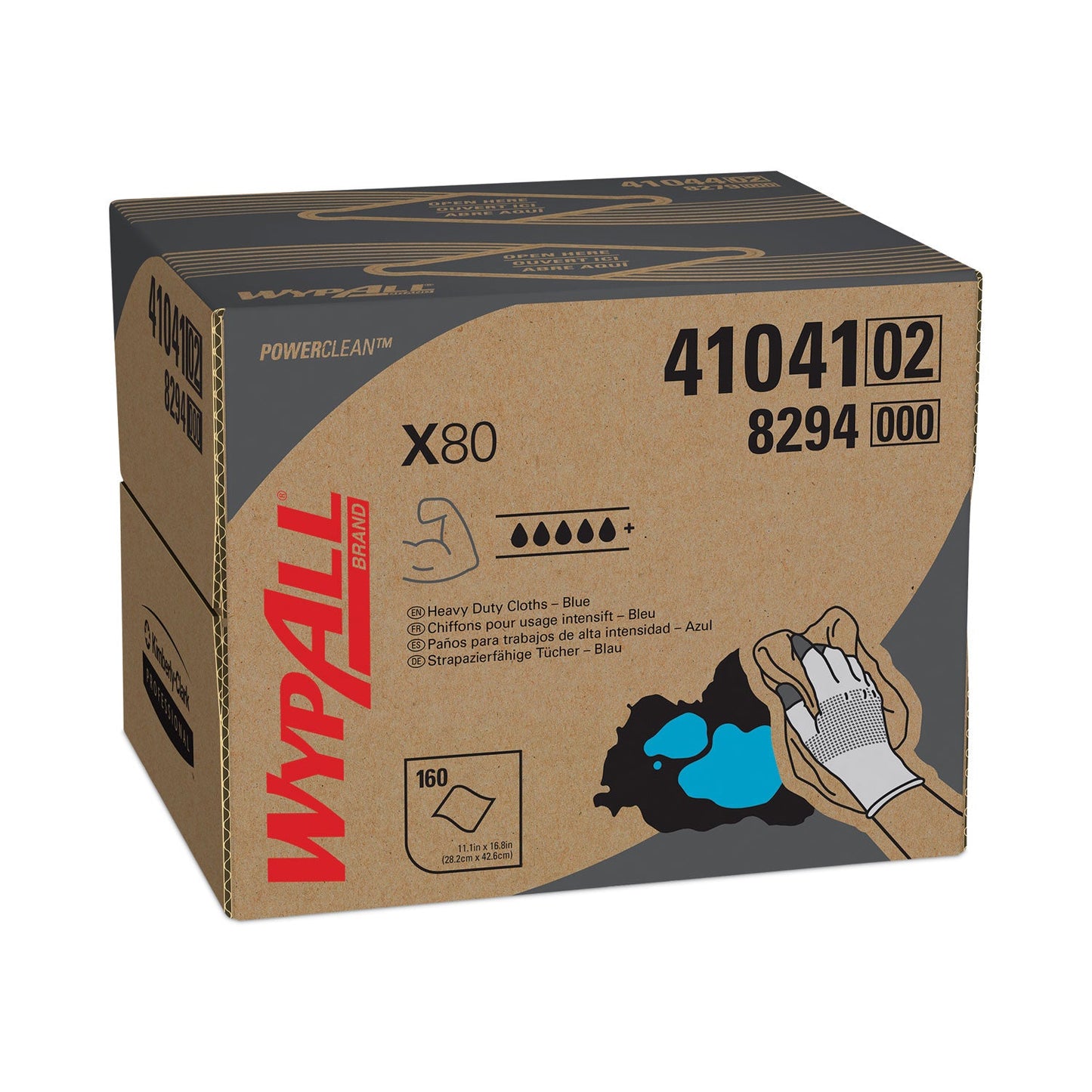 WypAll Power Clean X80 Heavy Duty Cloths, 11.1 x 16.8, Blue, 160 Wipers/Carton
