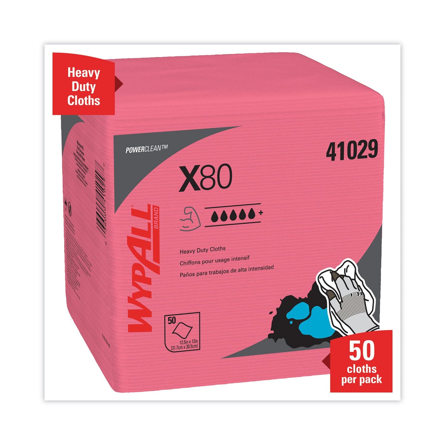 WypAll Power Clean X80 Heavy Duty Cloths,, 12.5 x 12, Red, 50/Box, 4 Boxes/Carton