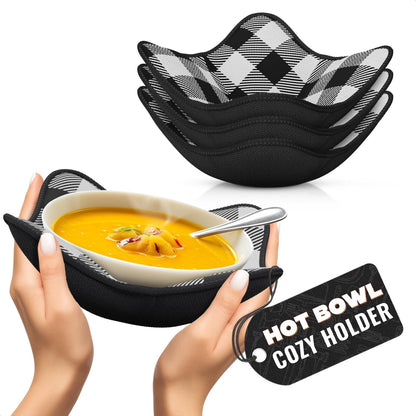 4 Piece Microwave Bowl Holder Set – 7.5 x7.5  Microwave Bowl Holders for Hot Food Black and White Checkered Fabric for Safe & Easy Handling – Machine Washable