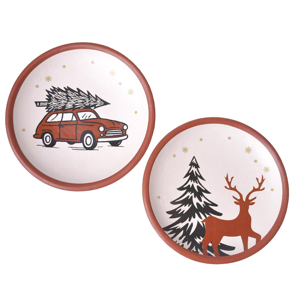 8 Inch Terracotta Winter Plates Set of 2 Ceramic Wall Hanging Clay Decorative Plates for Winter Decorations Round Wall Decor for Living Room & Kitchen
