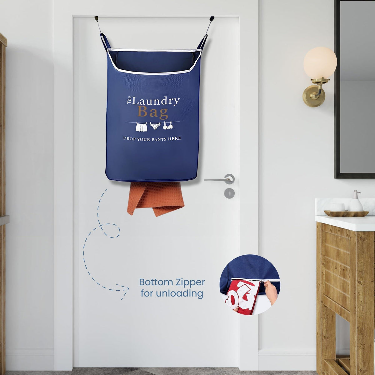 Fine Living Co. Large Hanging Laundry Hamper with Over Door Hooks & Adhesive Durable Space Saving Laundry Bag with Zipper and Wide Open Top Hanging Dorm Laundry Hamper (Navy Blue with Print XL)