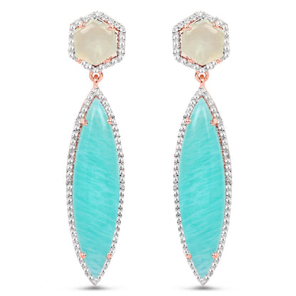 14K Rose Gold Plated 17.14 Carat Genuine Amazonite, Prehnite And White Topaz .925 Sterling Silver Earrings