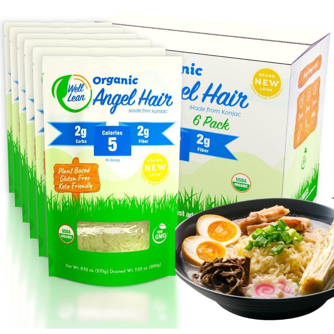 Angel Hair — USDA Organic Low Carb Low Calorie Konjac Pasta — Ready to Eat and Healthy — Plant Based Soy Free Vegan Paleo and Keto Friendly (6 Pack)