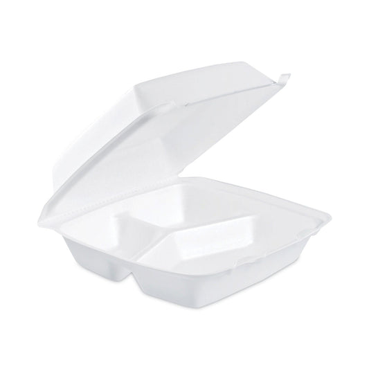 Dart Insulated Foam Hinged Lid Containers, 3-Compartment. 7.9 x 8.4 x 3.3, White, 200/Carton