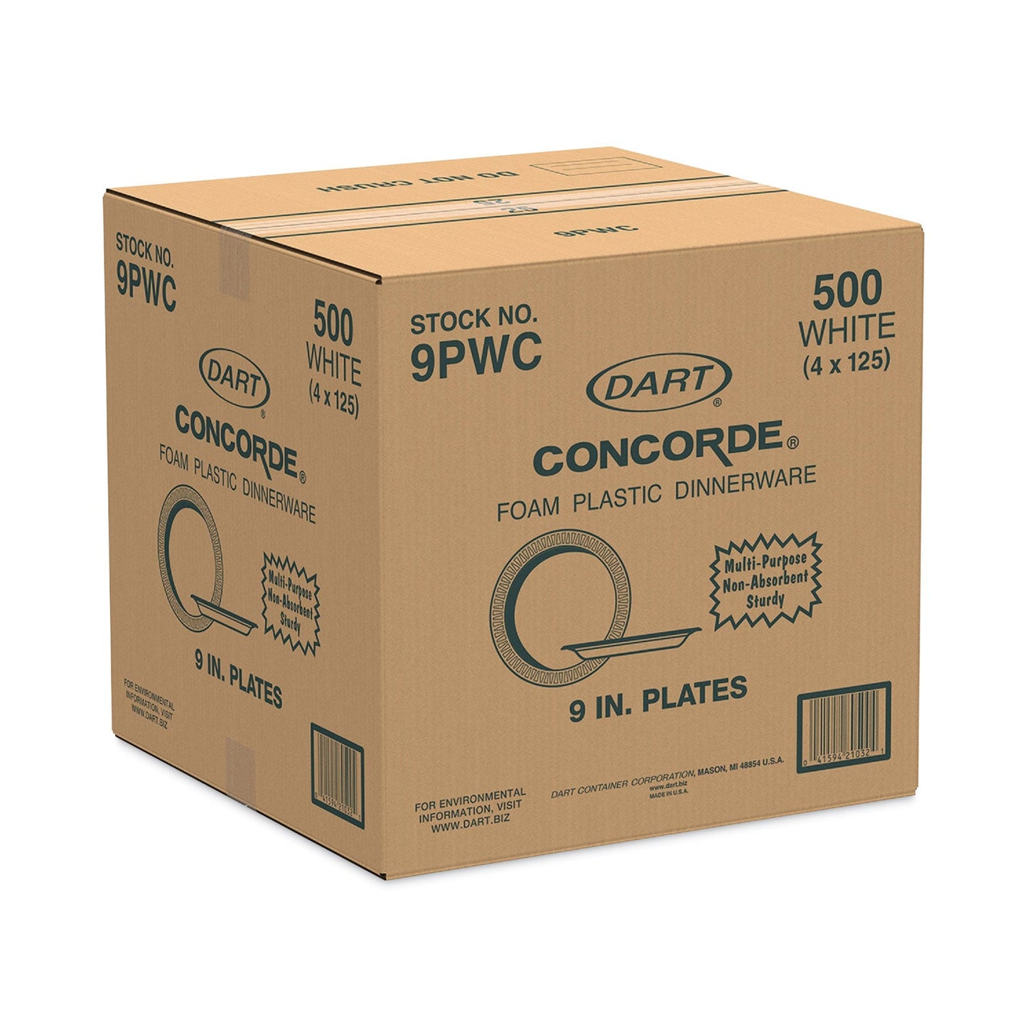 Dart Concorde Non-Laminated Foam Plate, 9" dia, 125/Pack, 4 Packs/Carton