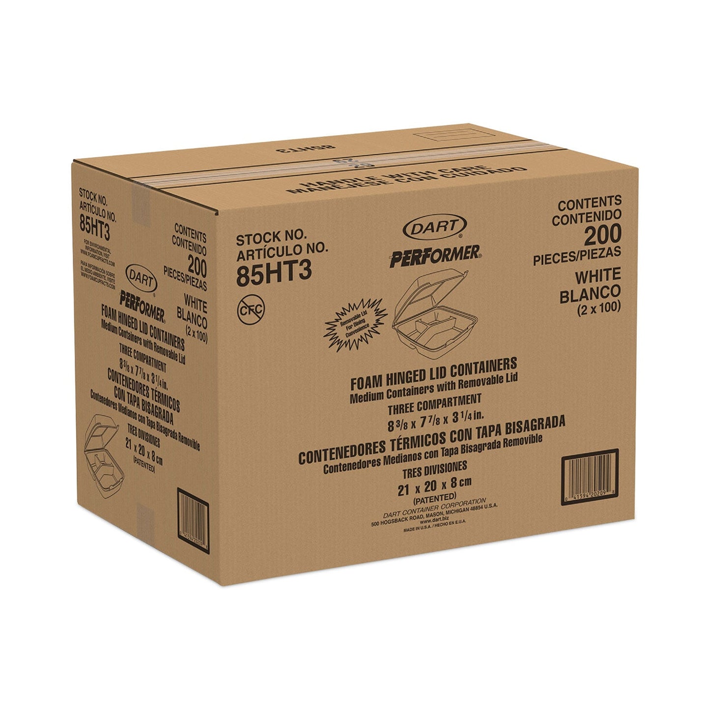 Dart Insulated Foam Hinged Lid Containers, 3-Compartment. 7.9 x 8.4 x 3.3, White, 200/Carton
