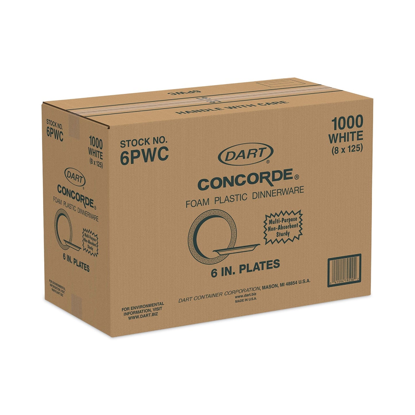 Dart Concorde Non-Laminated Foam Plate, 6" dia, White,125/Pack, 8 Packs/Carton