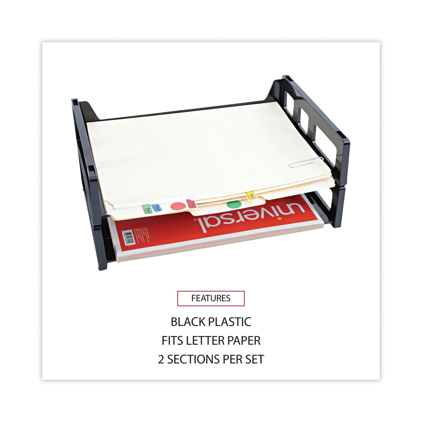 Universal Recycled Plastic Side Load Desk Trays, 2 Sections, Letter Size Files, 13" x 9" x 2.75", Black