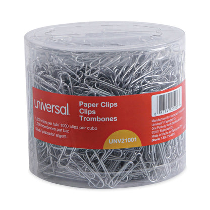 Universal Plastic-Coated Paper Clips with One-Compartment Storage Tub, (750) #1 (1.75"), (250) Jumbo (2"), Silver