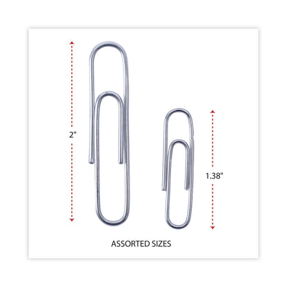 Universal Plastic-Coated Paper Clips with One-Compartment Storage Tub, (750) #1 (1.75"), (250) Jumbo (2"), Silver