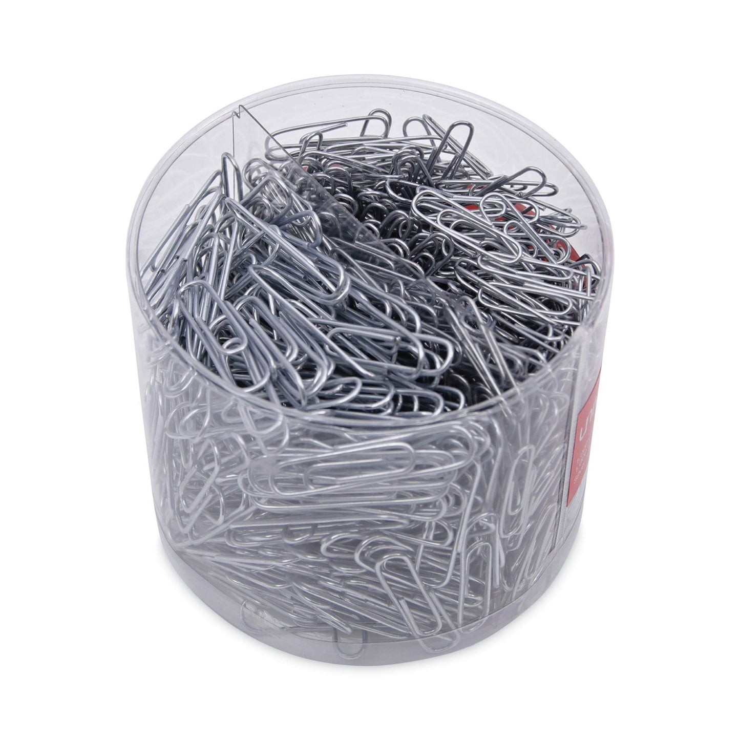 Universal Plastic-Coated Paper Clips with One-Compartment Storage Tub, (750) #1 (1.75"), (250) Jumbo (2"), Silver