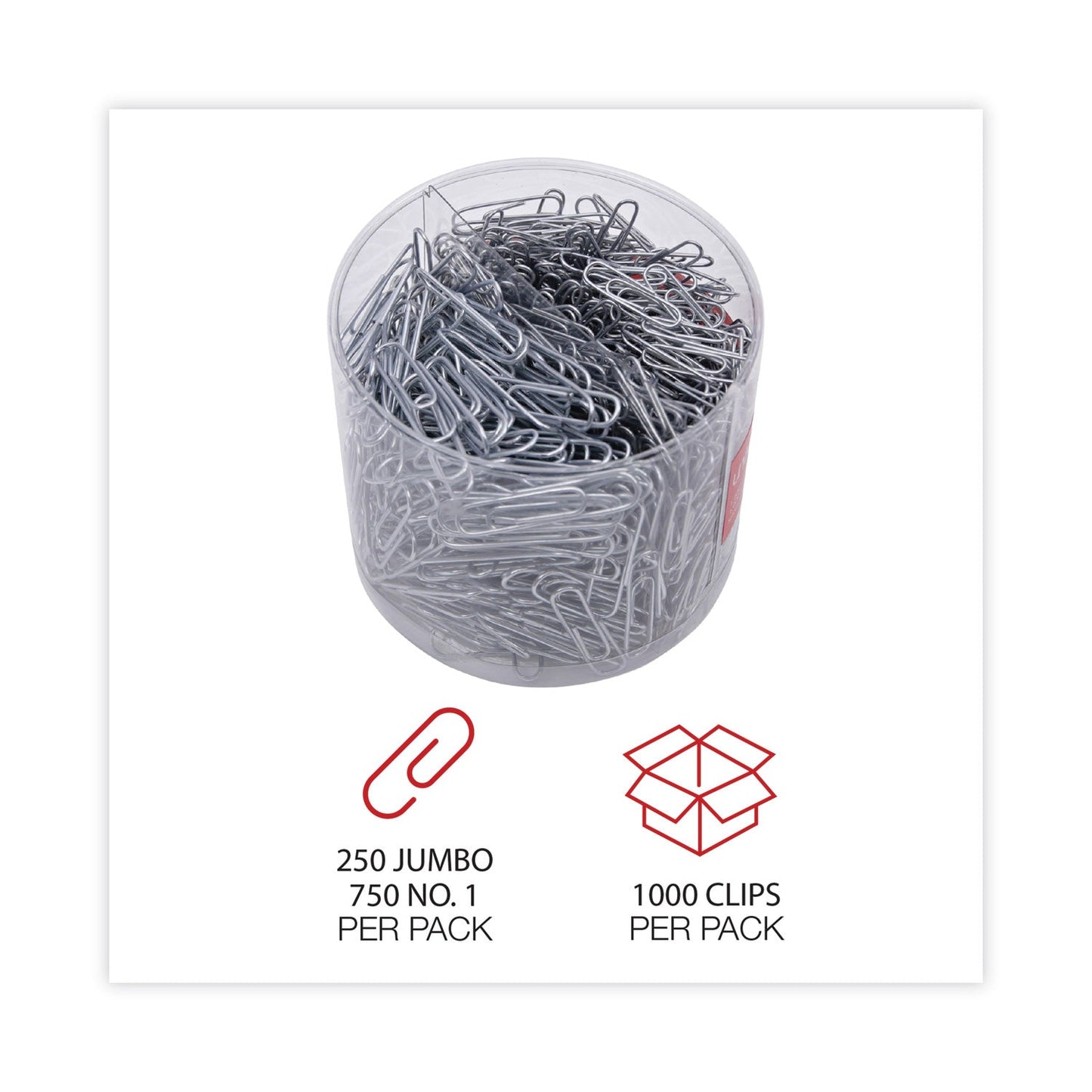 Universal Plastic-Coated Paper Clips with One-Compartment Storage Tub, (750) #1 (1.75"), (250) Jumbo (2"), Silver
