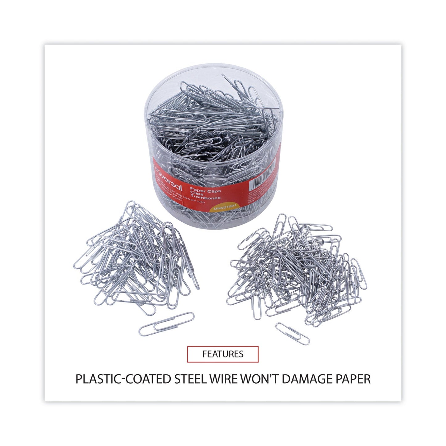 Universal Plastic-Coated Paper Clips with One-Compartment Storage Tub, (750) #1 (1.75"), (250) Jumbo (2"), Silver