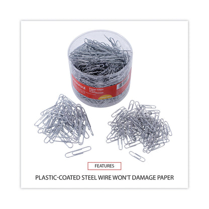 Universal Plastic-Coated Paper Clips with One-Compartment Storage Tub, (750) #1 (1.75"), (250) Jumbo (2"), Silver