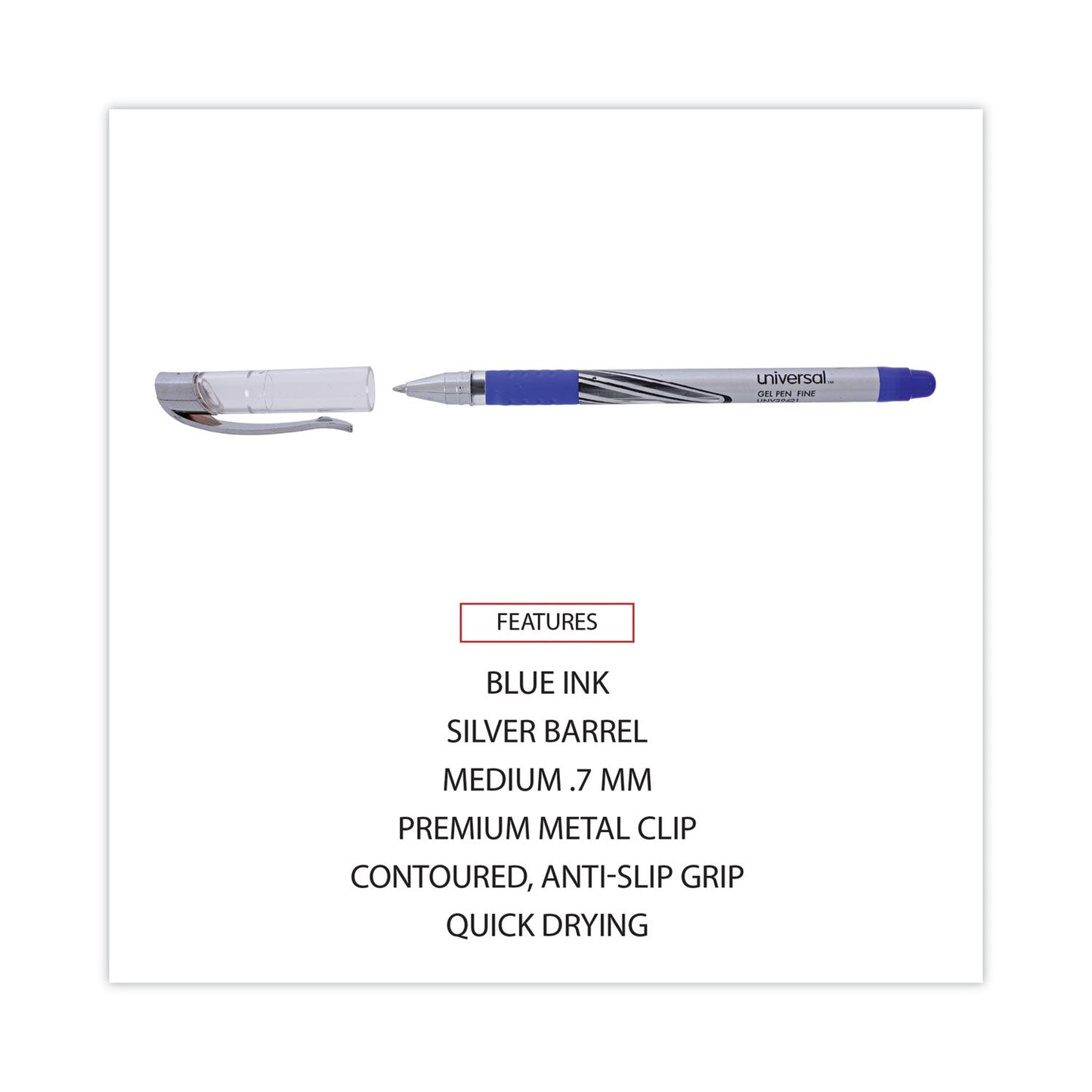 Universal Gel Pen, Stick, Medium 0.7 mm, Blue Ink, Silver/Blue Barrel, Dozen