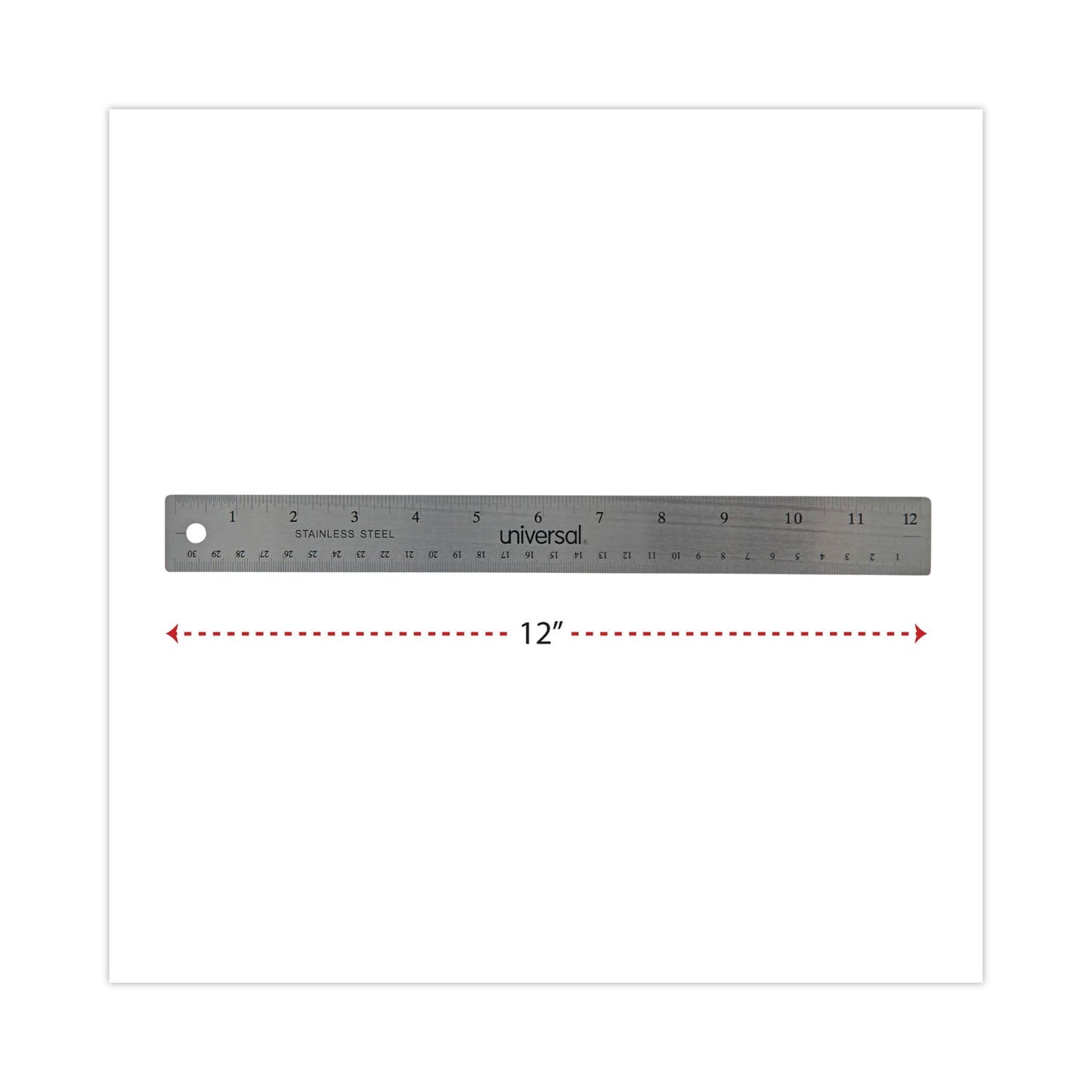 Universal Stainless Steel Ruler with Cork Back and Hanging Hole, Standard/Metric, 12" Long